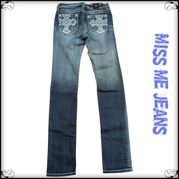 MISS ME Skinny Jeans Bedazzled Cross, Beads & Rhinestones Back Pockets Women 26 - Picture 2 of 9